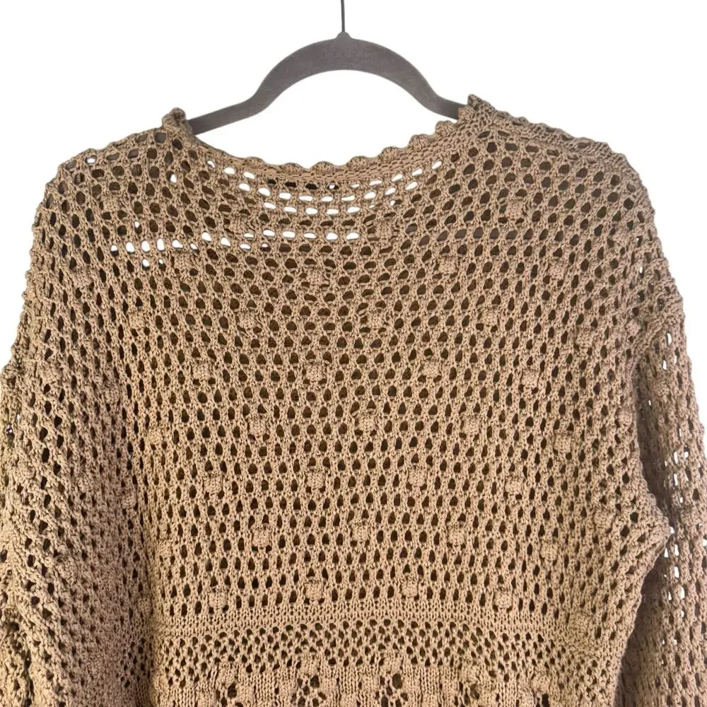 Zara Crochet‎ Knit Sweater Tan Boho Small Oversize Beachy Costal Flounce Sleeve